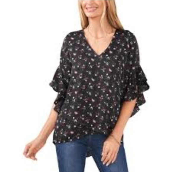 Vince Camuto Floral Ruffle Sleeve V-Neck Blouse Top Black Small NWT $88‎ MSRP - Picture 1 of 9